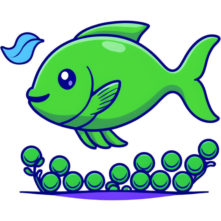 A fish swimming next to green peas emoji