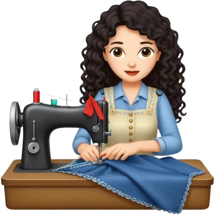 a woman with long curly dark hair sewing clothes emoji