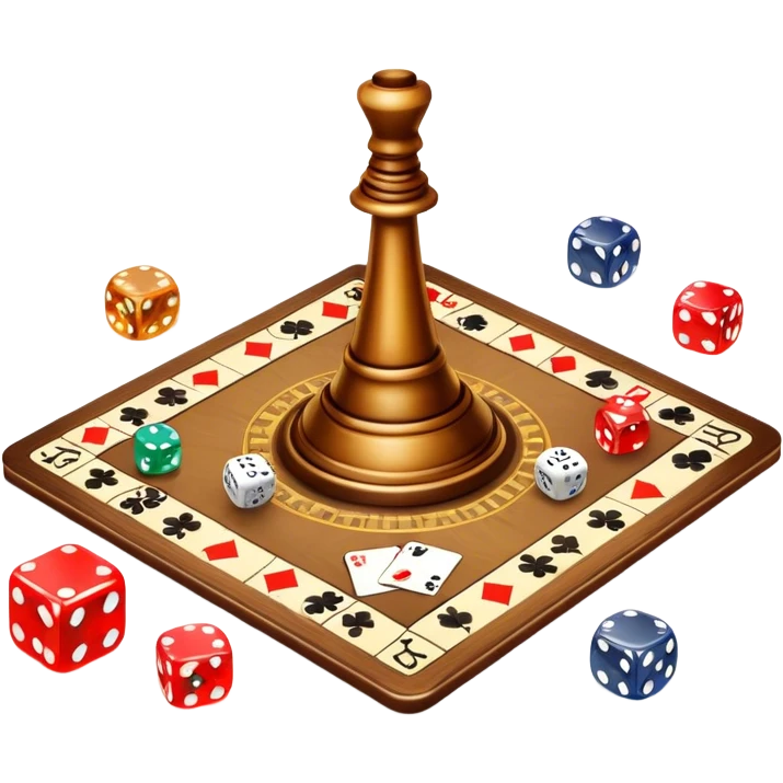 A photorealistic icon featuring dice, playing cards, game tokens, a spinning top, and a game board with various pieces on it. Bright, detailed design with realistic textures and lighting, capturing the fun and strategy of board games. Transparent background, symbolizing tabletop games. emoji