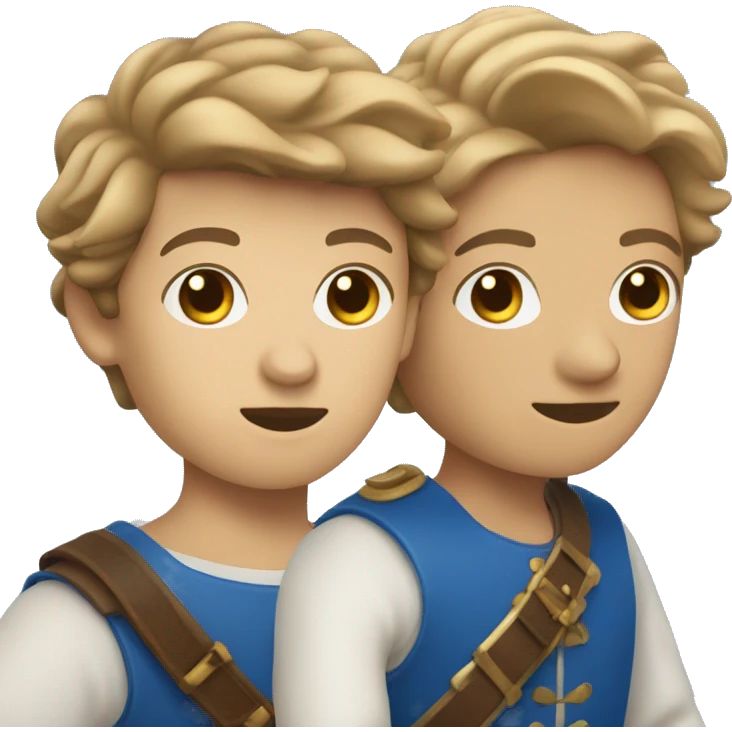 Three musketeers, two are female with brown and blond and one is male with brown hair all dressed in blue emoji