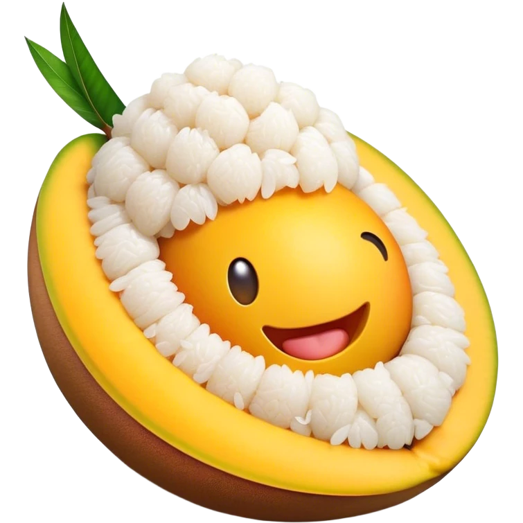 Cinematic Realistic Mango Sticky Rice Dessert Emoji, showcasing sweet sticky rice paired with ripe mango slices and coconut milk rendered with lifelike detail and warm, inviting lighting. emoji