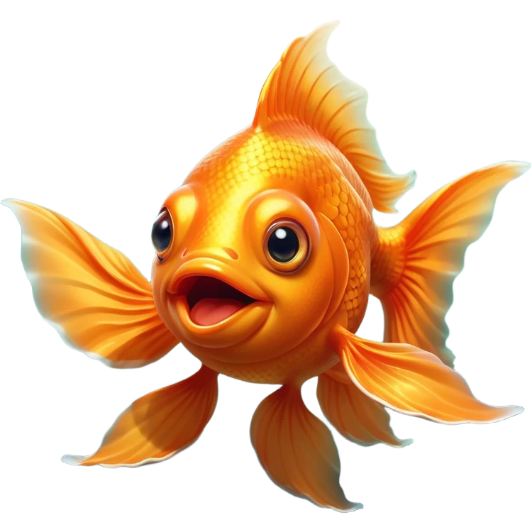 Cinematic Comical Orange Goldfish Portrait Emoji, Head tilted dramatically with an exaggeratedly amused expression, featuring a striking, glossy orange body with lively, fluttering fins, wide, expressive golden eyes filled with playful disbelief, Simplified yet hilariously expressive features, highly detailed, glowing with a slightly sassy glow, high shine, dramatic yet playful, stylized with an air of cheeky mischief, bright and endearing, soft glowing outline, capturing the essence of a spirited and over-the-top goldfish, so meme-worthy it feels like it could side-eye its way into internet fame instantly! emoji