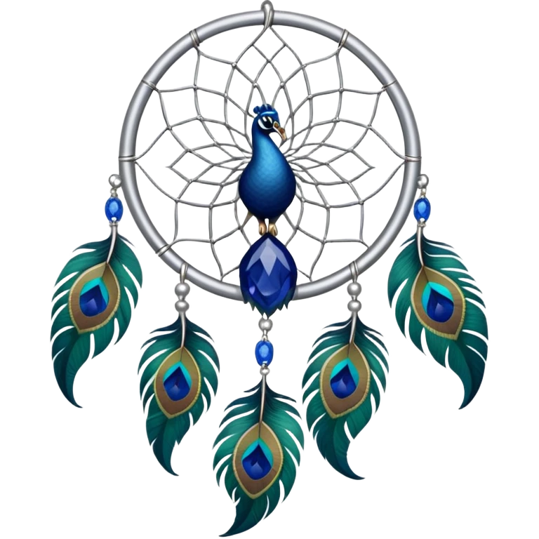 a Silver Dreamcatcher with sapphire-stones and emerald-stones, and with peacock-feathers emoji