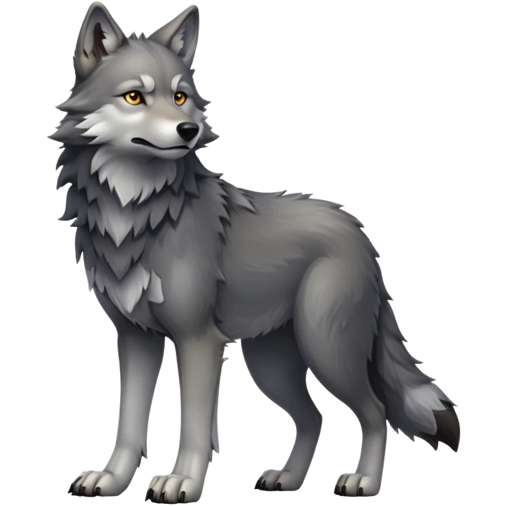 cinematic-[wolf]-realistic-full-body-standing-emoji,-tail-resting-loosely-beside-its-paws,-head-tilted-dramatically, -scruffy-[grey]-fur,-simplified-yet-realistic-focused-features,-highly-detailed,-glowing-with-an-almost-sarcastic-glow emoji