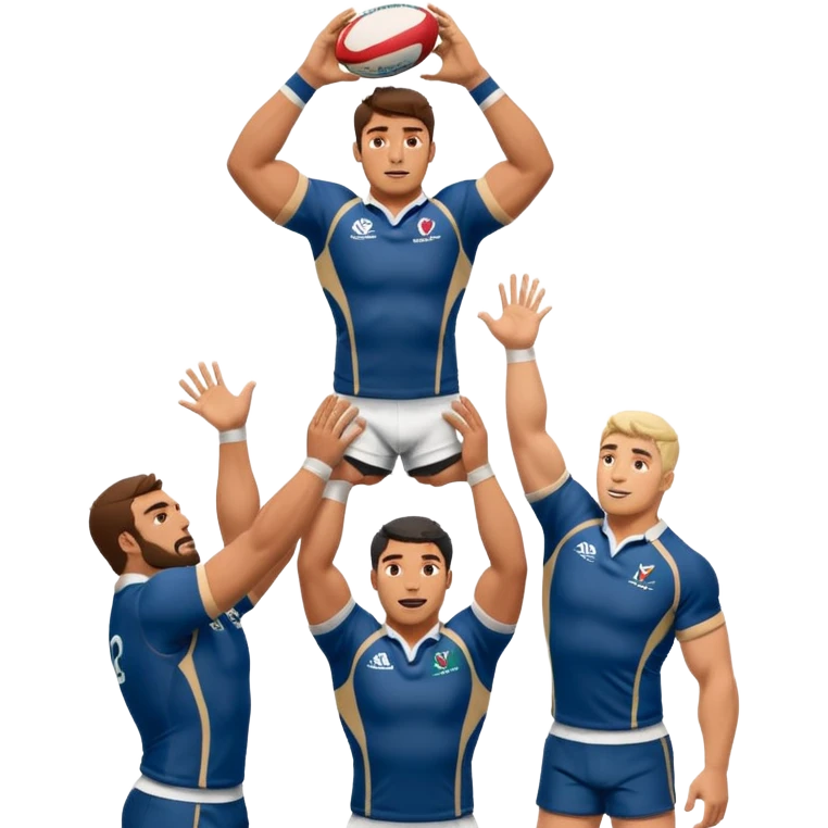 two rugby players lifting another player to catch a ball in a lineout in rugby, only 3 players in the image emoji