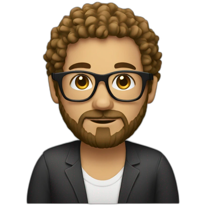 men with black curly hair and beard and golden glasses work hard on computer emoji