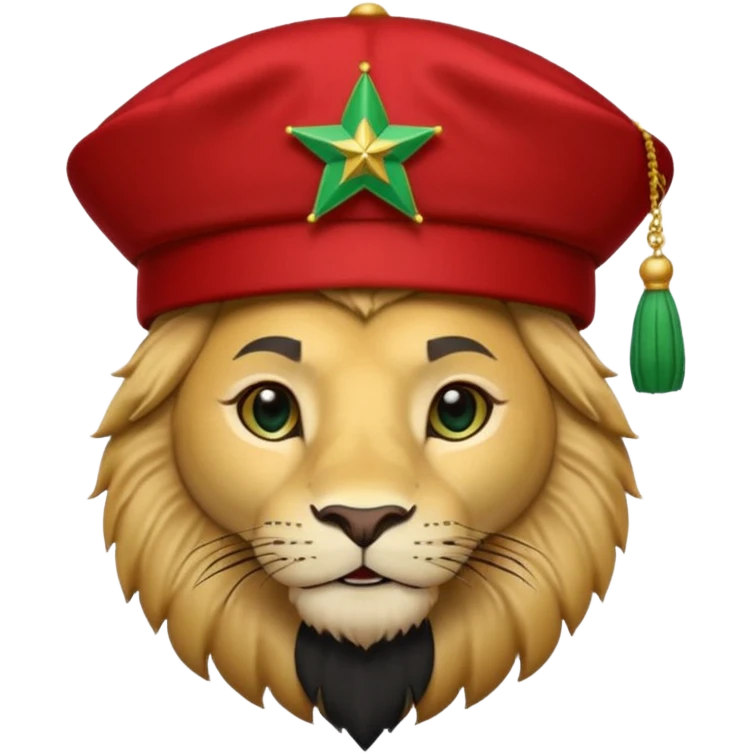Cute lion emoji face wearing a Red Moroccan fez hat with a flat top, straight sides, a green five-pointed star on the front, and a thin black tassel hanging from the right side. emoji
