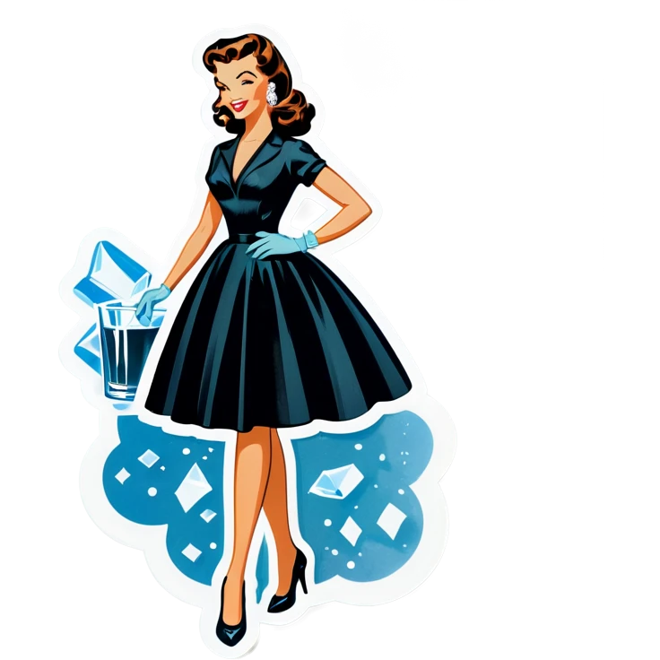 Beautiful woman in 1950’s woman fashion look, black shimmery dress, long dark brown hair, whisky with ice emoji