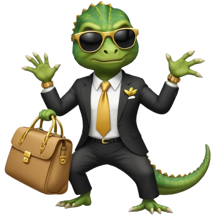 capitalist iguana banker godfather with black sunglasses breakdance with bag emoji