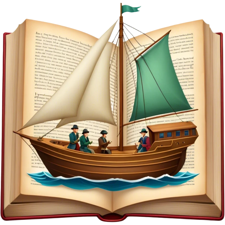 Icon for Reading Fiction: a large open book with pages turning, a sailboat sailing across the pages, Musketeers on horseback, Sherlock Holmes and other literary elements. The icon should evoke the adventurous spirit of storytelling. Transparent background. emoji
