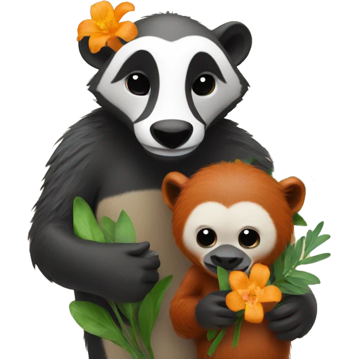 A badger and orangutang holding flowers emoji