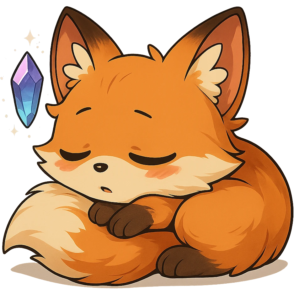 Add a magical floating crystal to the chibi sleepy fox. Keep the background transparent. emoji