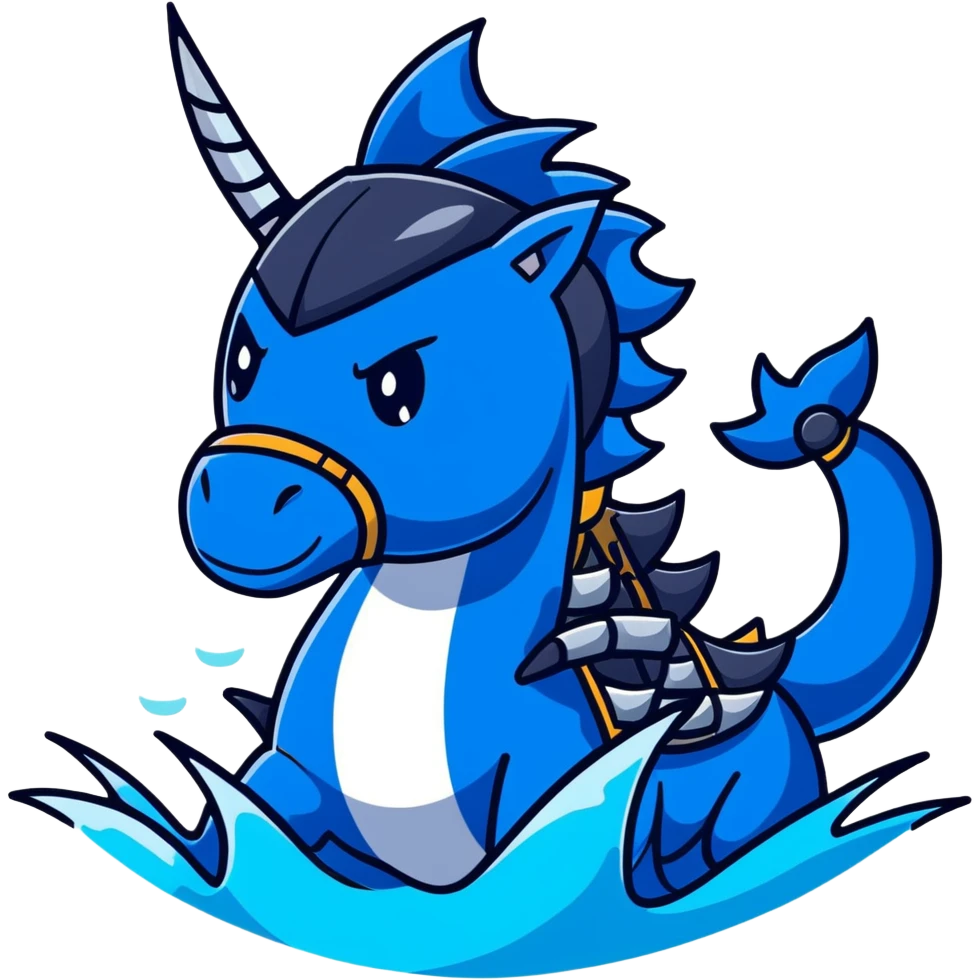 Black ninja water horse with dark blue water elements flowing around it, spiky armor, fierce expression emoji