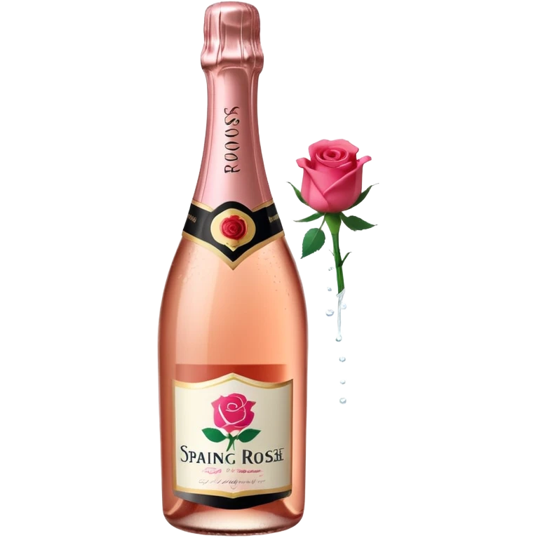 bottle of sparkling rosé champagne with a rose logo on the label, tilted up and to the right, no glass emoji