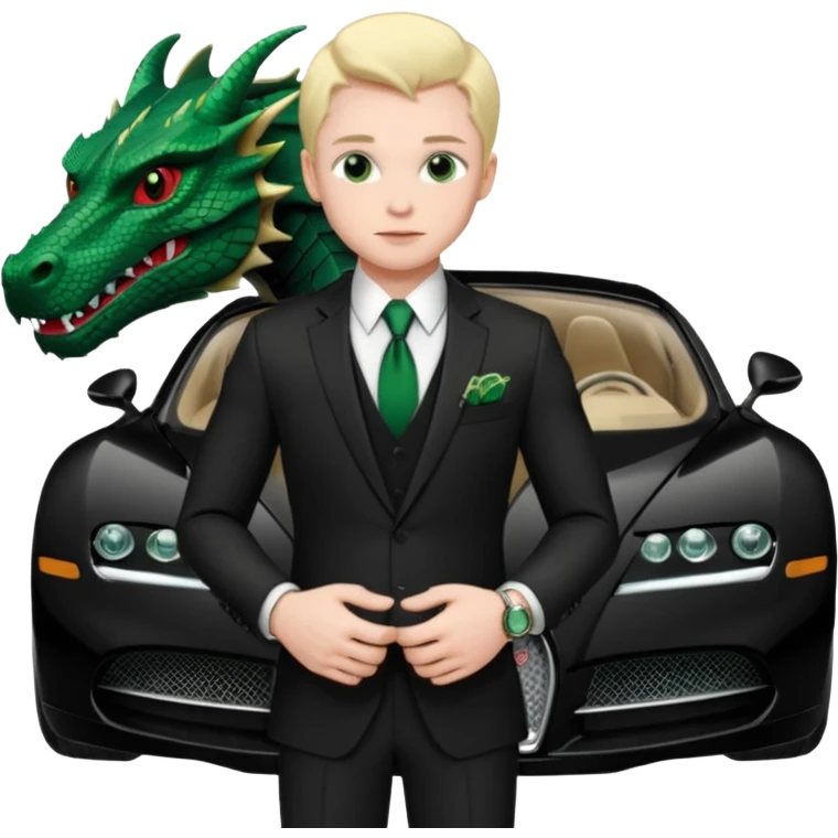 mysterious scenery: green audemars piguet watch (without text), black bugatti, and a dark green dragon, and a mysterious agent from The Matrix emoji
