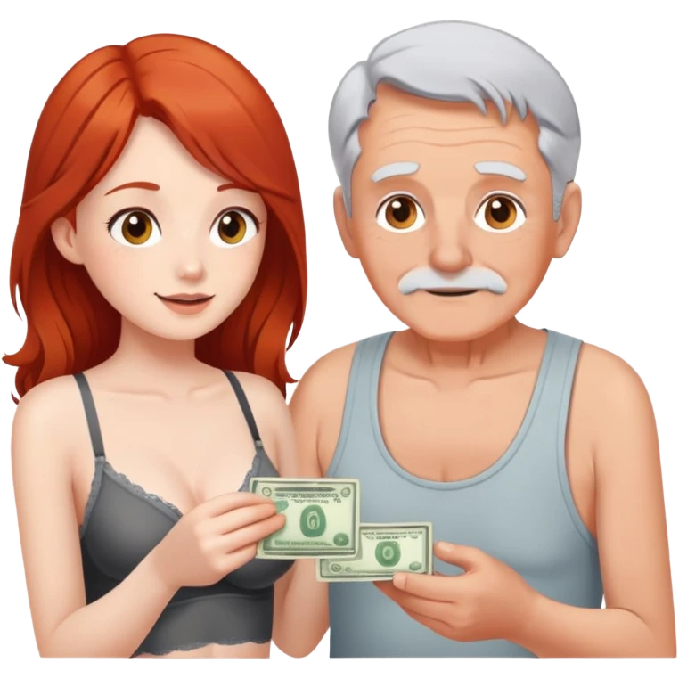 Kind elderly grandfather with gray hair giving money to a, pretty, bralette, red head young woman who needs financial help,  emoji