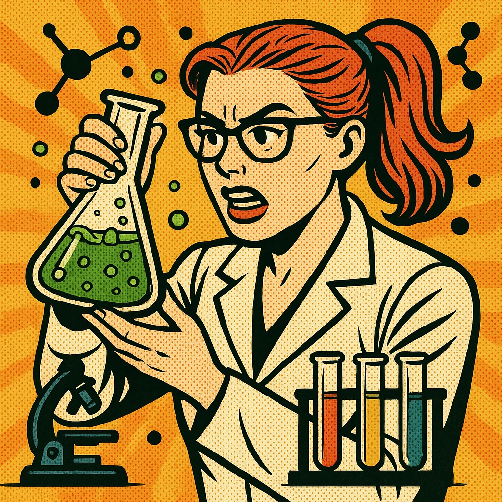 Add chemical accessories such as test tubes, flasks, a microscope, and molecules around the red-haired chemistry professor in a comic book style. emoji