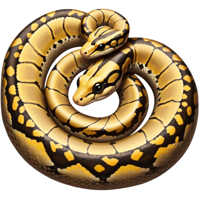 A photo-realistic top-down view of a Ball Python gently coiled into a tight spiral, with its head resting peacefully at the center. Its scales are warm brown with bold, irregular black markings, including the distinctive “alien-head” pattern, flowing smoothly along its body.  emoji