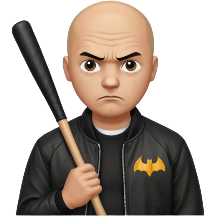Bald Russian 1990s gangster emoji, leather jacket, , serious angry face with a bat emoji
