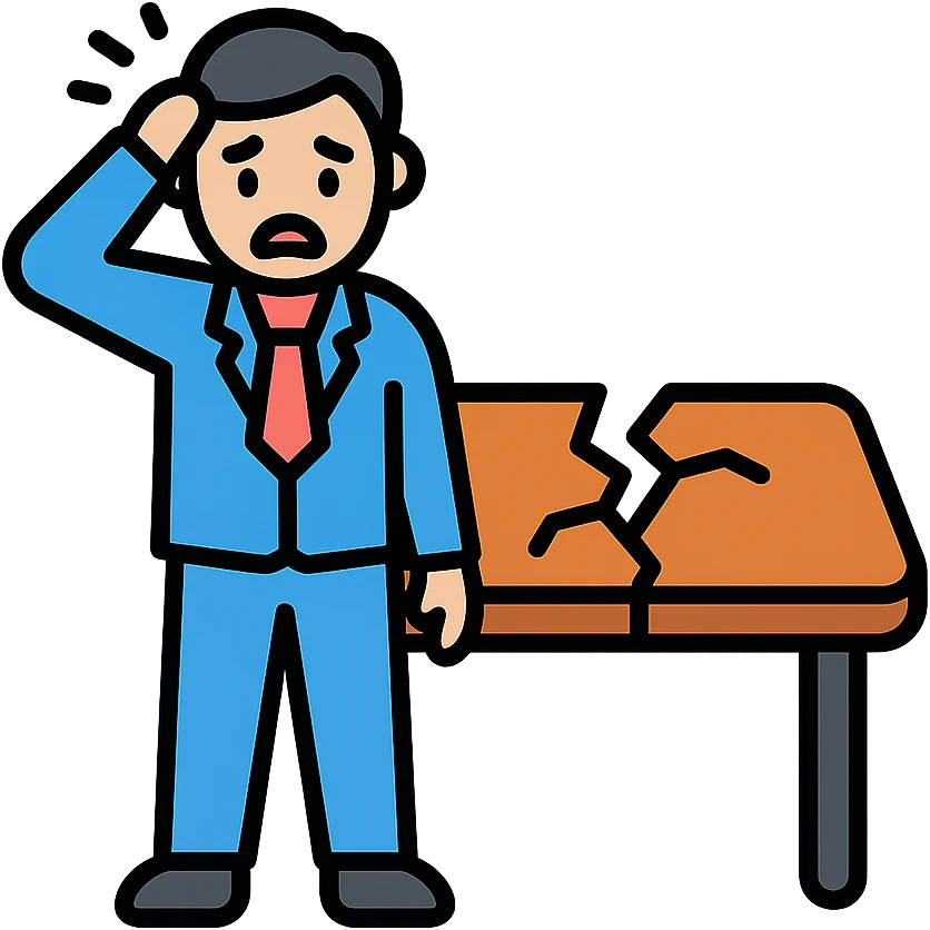 a business person standing by a shattered conference table, minimal background, expressive pose, icon style emoji