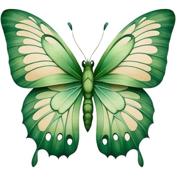 A green butterfly with watercolor wings resembling monstera leaves, featuring natural cutouts and soft botanical tones on a beige background. emoji