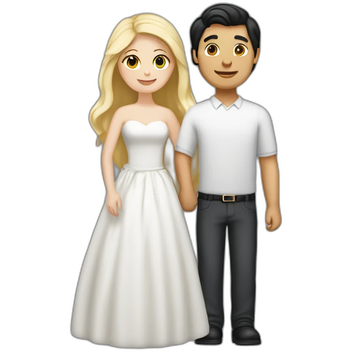 blond man, black hair white skin woman, marriage and holding gray cat emoji