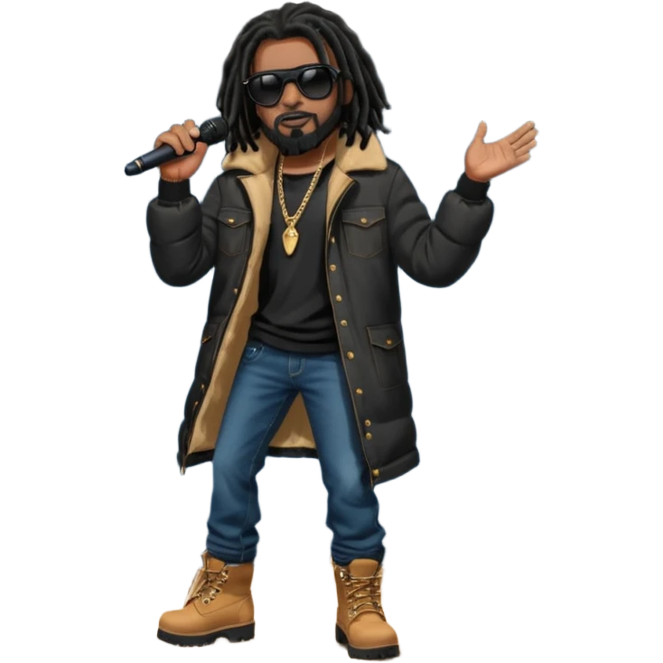 African American man with shoulder length black dreadlocks with black beard wearing dark black sunglasses wearing a black bubble coat wearing denim skinny jeans and timberland boots rapping into a microphone on stage emoji