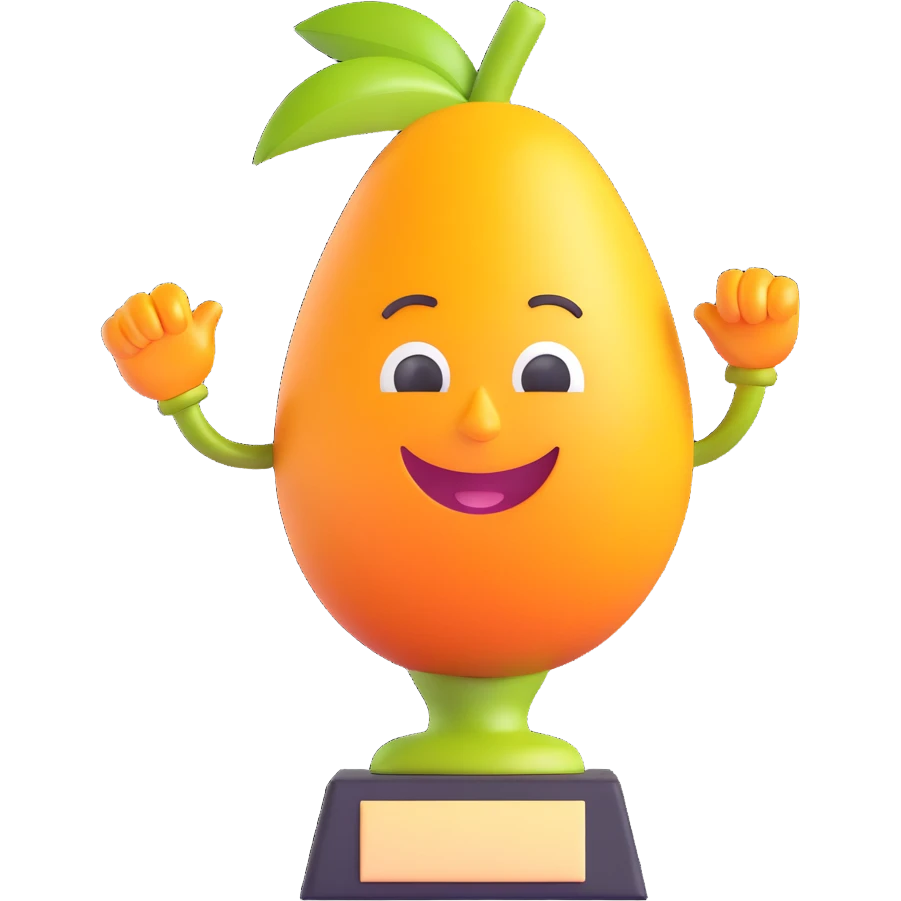 a cheerful and bold stylized mango transformed into a trophy emoji