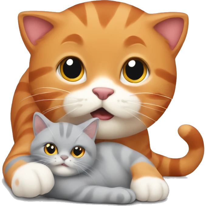 A big red cat playing with a small white-red-gray cat emoji