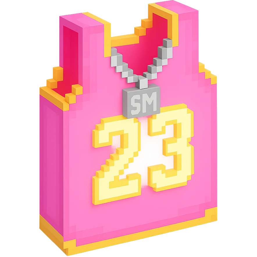 светящейся розовая баскетбольная майка с надписью "23" и серебряная цепь с надписью "SM", no background emoji