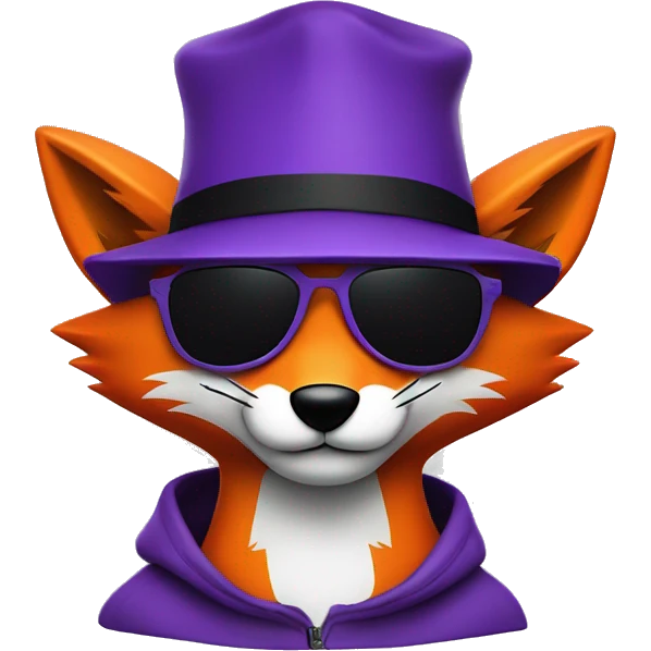 purple ad orange fox with wry smile, black sunglasses flat brim hat emoji