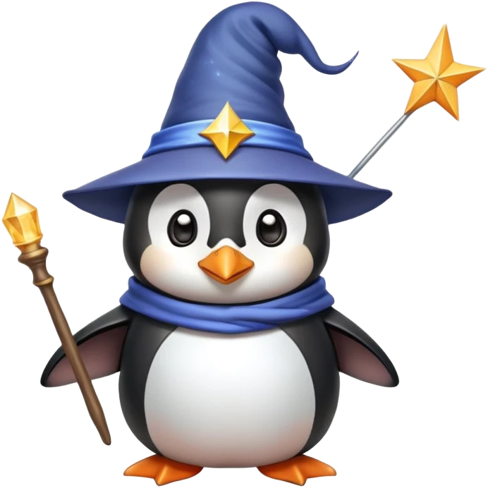 Cute penguin wearing wizard hat and holding a magic wand emoji