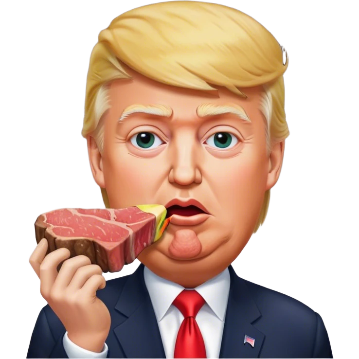 photorealistic Donald Trump eating a steak shaped like an earth emoji