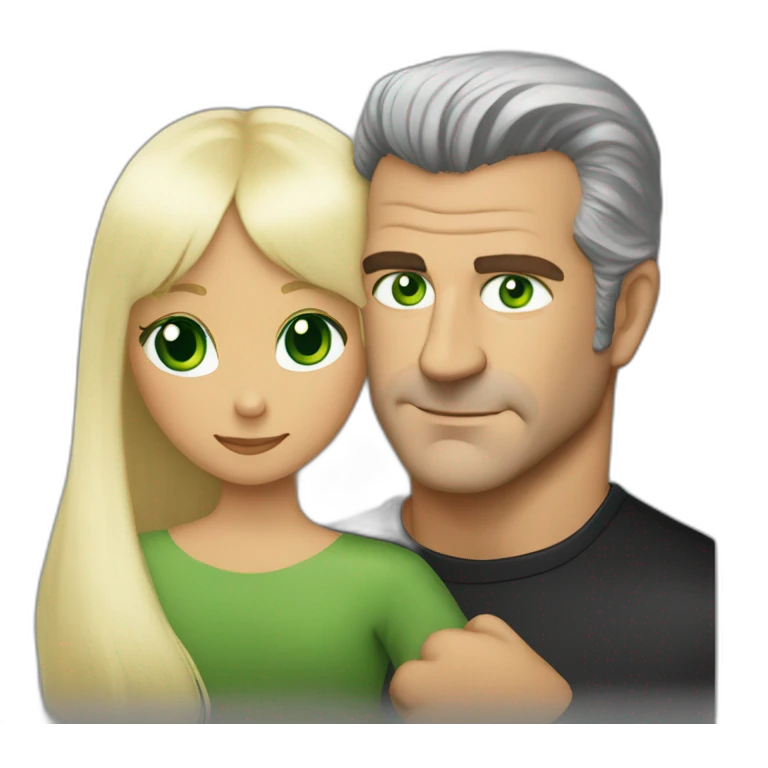 Mel Gibson hugging a woman blond square staright haire with fringe and green eyes emoji