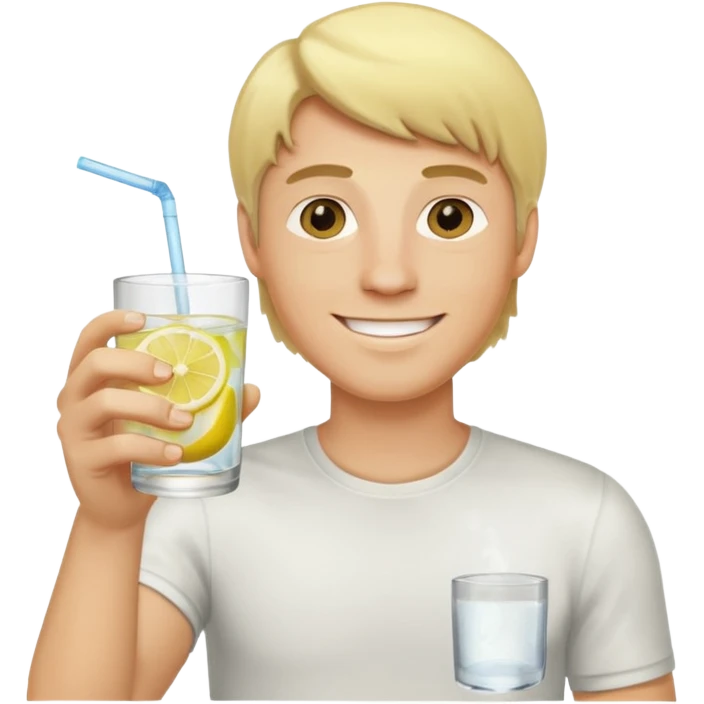 blonde man holding a glass of lemon water emoji