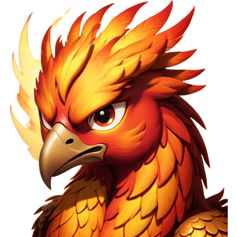 Cinematic Battle-Hardened Mystical Fire Phoenix Portrait Emoji, head bowed slightly in a moment of raw resilience, revealing a form etched with the wear of relentless conflict. Ragged, scorched plumage and half-closed, determined eyes speak to battles fought and won. Rendered with authentic detail and dramatic natural light that accentuates every scar and burn, high shine, this portrayal blends vulnerability with hardened strength, outlined in a soft glow that captures the essence of a phoenix tempered by the fires of combat. emoji