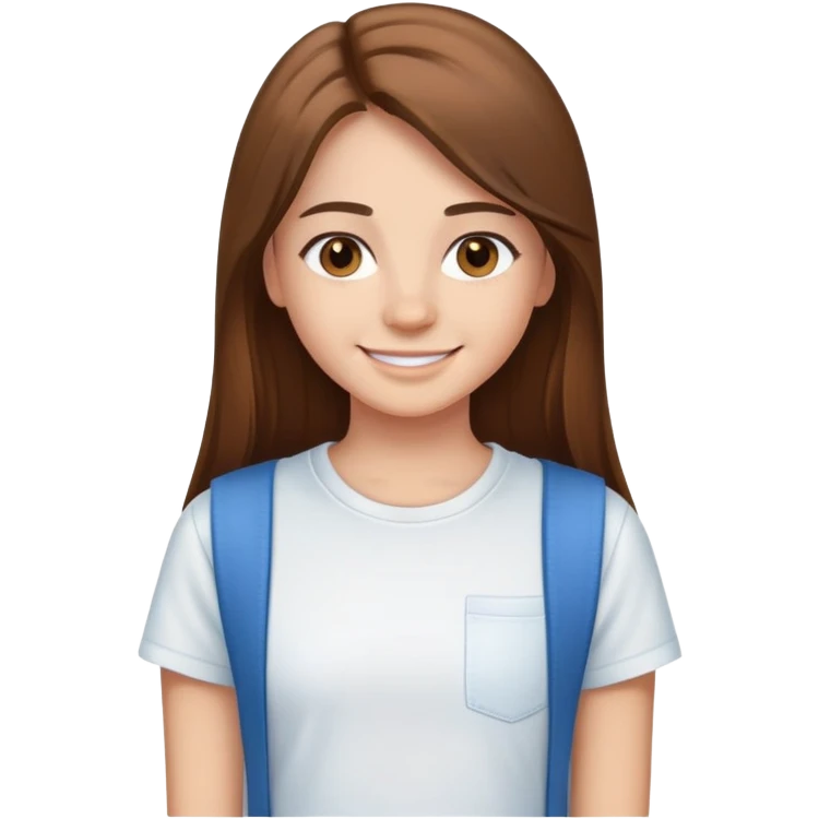A 15 year old girl smiling with brown eyes, long brown straight hair, wearing a plain white t shirt, and blue jeans emoji