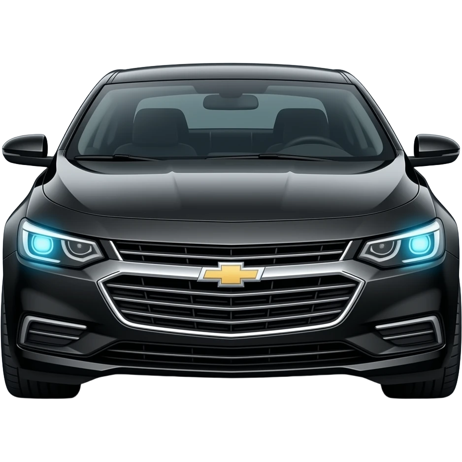 A realistic icon of a glossy black Chevrolet Malibu Premier, blackout limousine tint windows, gloss black alloy rims, ice blue LED headlights with a sharp glowing halo, high-detail, glossy finish, isolated on white background. emoji