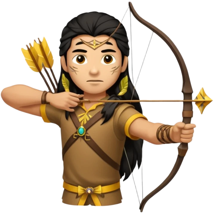 The classic hunter image with a bow and arrow on his back, dressed in brown yellow with some animal made decorations on his clothes emoji