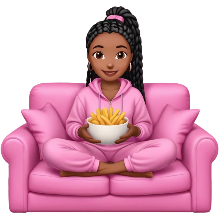 A dark-brown-skinned Black woman with black box braids, sitting on a pink couch, holding a bowl of French fries in her lap, smiling or casually enjoying the snack. She’s wearing comfy loungewear, relaxed in a cozy setting. emoji
