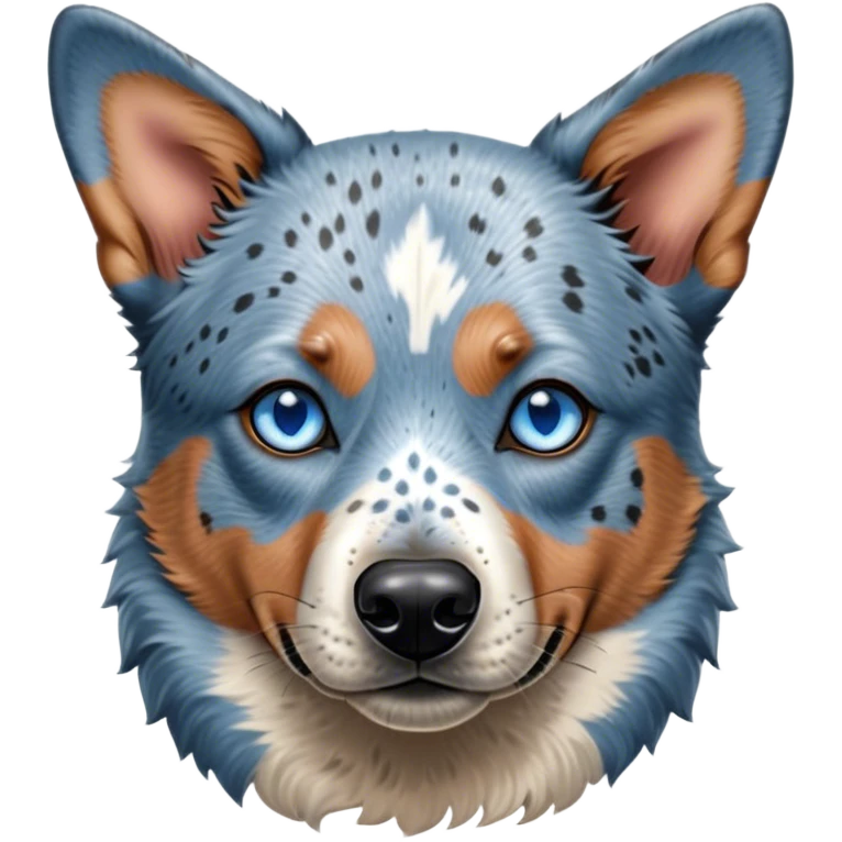 Cinematic Noble Blue Speckle Australian Cattle Dog Portrait Emoji, Poised and regal, with a robust, athletic build and a striking blue speckle Fur, piercing blue eyes, Simplified yet sharp and sophisticated features, highly detailed, glowing with a cool, dignified glow, high shine, intelligent and hardworking, stylized with an air of precision, focused and attentive, soft glowing outline, capturing the essence of a watchful and determined herder, so majestic it feels as though it could leap out of the screen with effortless authority! emoji