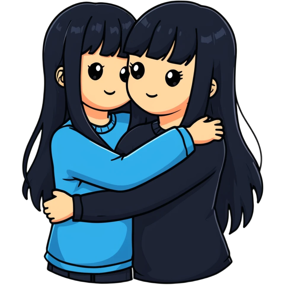 two white girls with long black hair hugging, one girl has bangs emoji