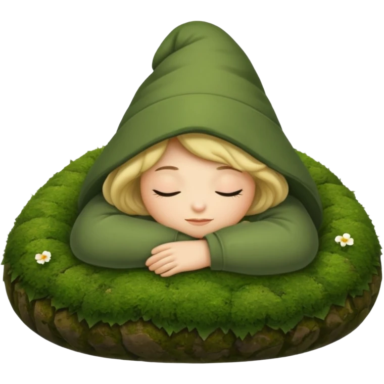 cozy forest character curled up on moss pillow with nightcap emoji