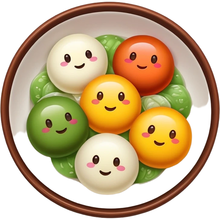 Shanghai Tangyuan sticky rice balls with colorful fillings in syrup, simplified emoji style with bold outlines and bright colors, cartoon style sweet Chinese dessert emoji