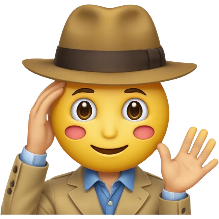 round yellow emoji head pulling its fedora down into its face with one hand, looking mysterious. emoji
