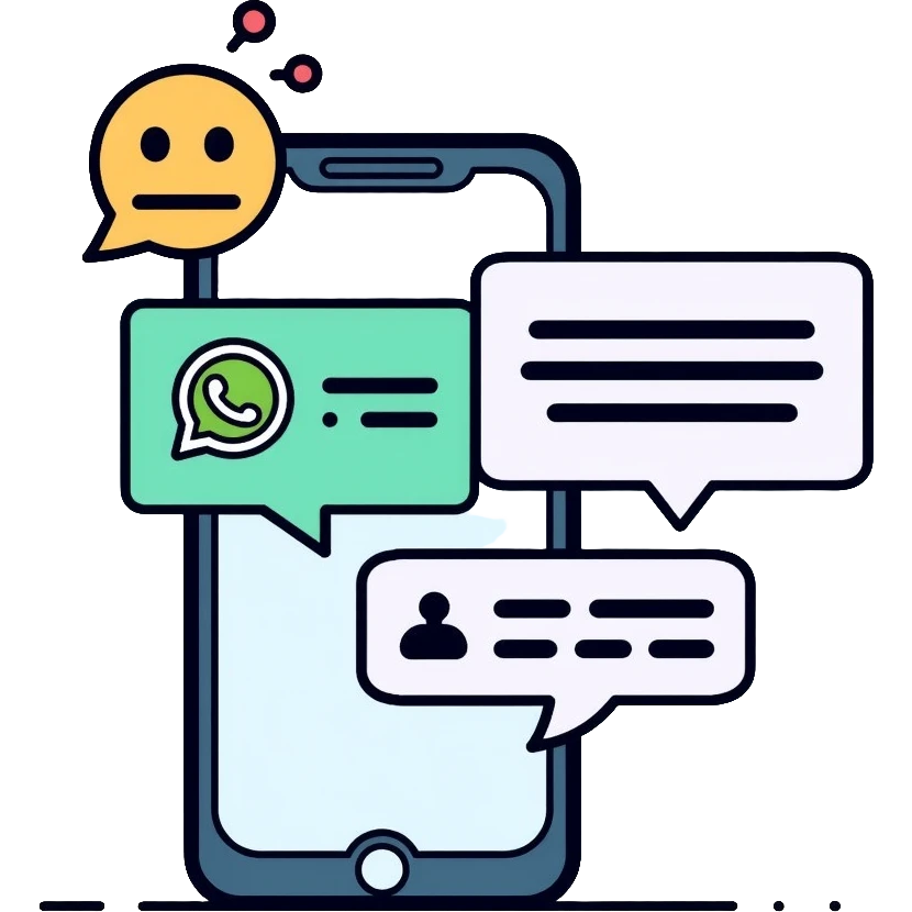 iPhone displaying WhatsApp interface with chat bubbles and a robot icon representing AI bot conversation emoji