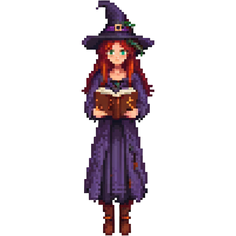 pixel art of a single witch from a cursed coven, holding a spellbook, dark and mysterious emoji