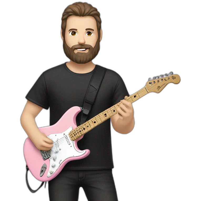 white man with dark beard and black t shirt and pastel pink stratocaster electric guitar emoji
