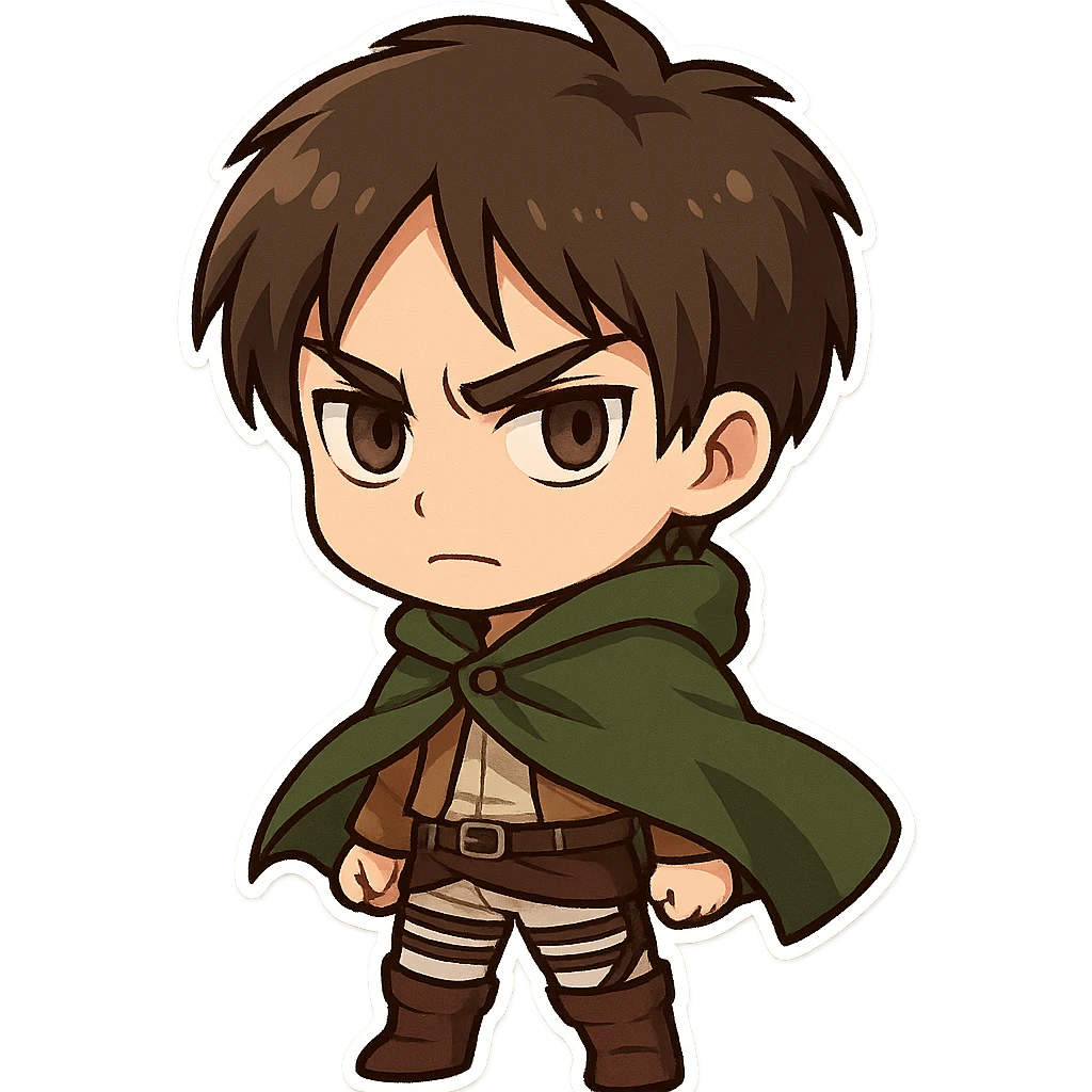 Attack on Titan character chibi, Eren Yeager with green cloak, determined expression emoji