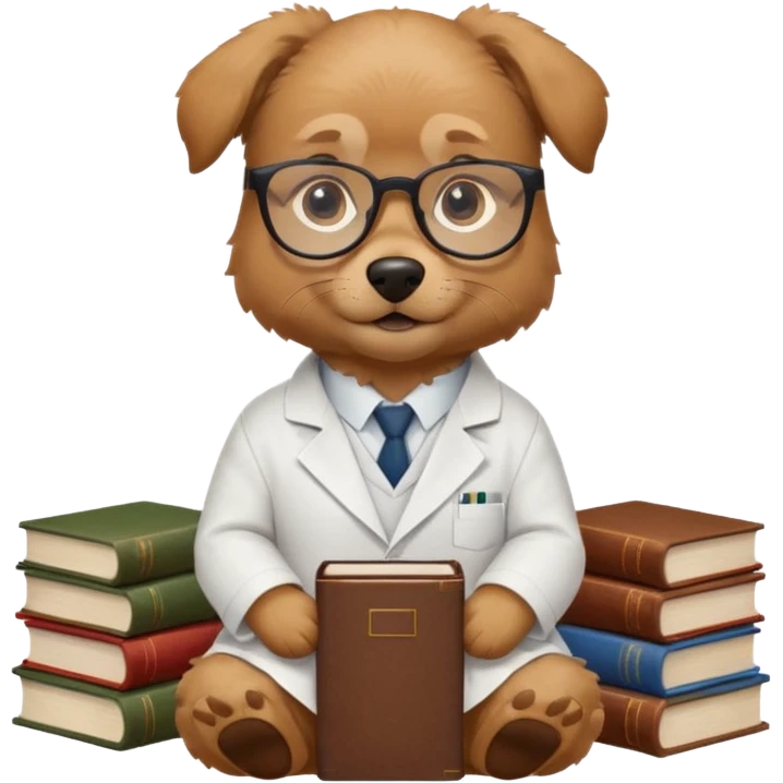 Wise dog with glasses, wearing a lab coat, perched on a stack of books. emoji